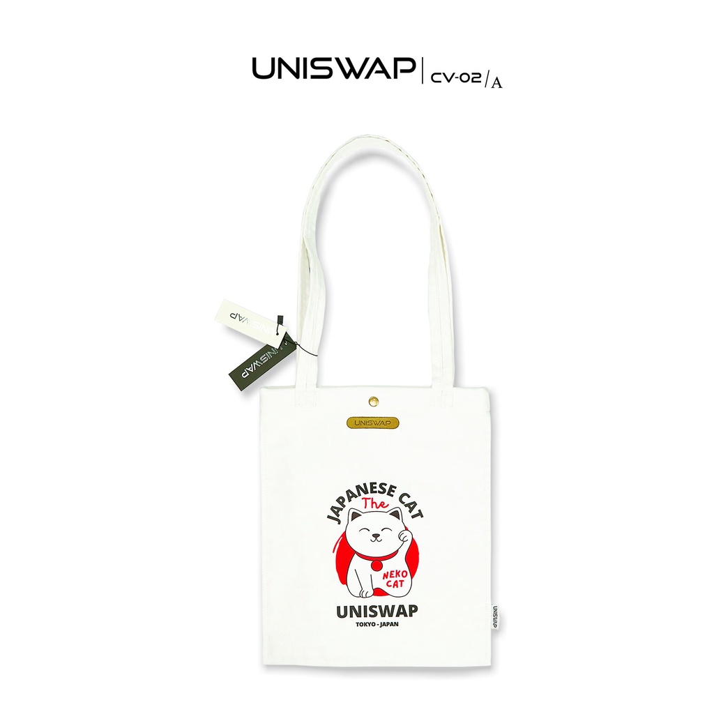Túi đeo vai, mẫu túi tote đi học vải canvas UNISWAP CV-02/A - màu trắng họa tiết cute