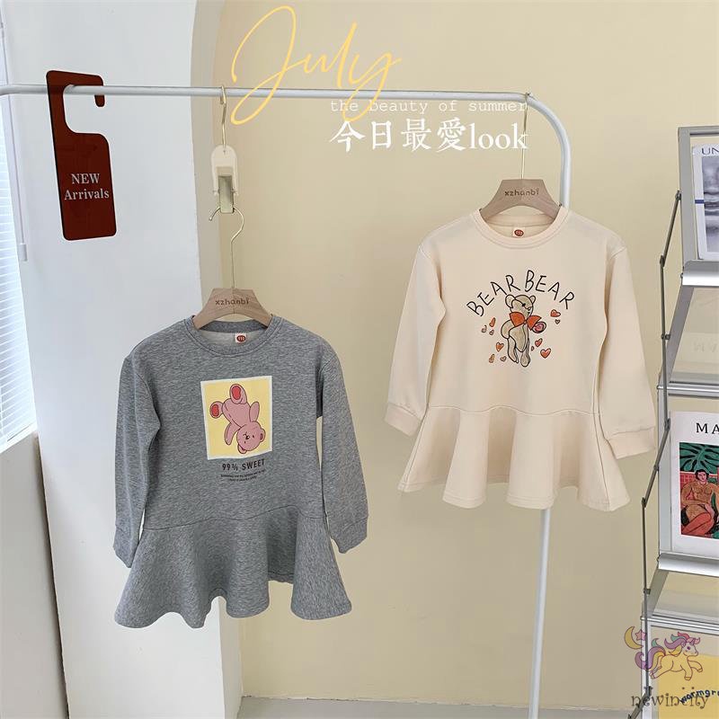 Đầm tay dài in họa tiết hoạt hình dễ thương phong cách Hàn Quốc cho bé gái