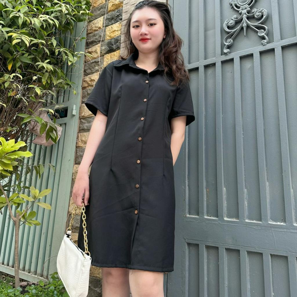 Đầm váy nữ basic fashion cổ sơ mi cài cúc chiết eo lưng chun, váy nữ cộc tay nhiều màu ĐEN TRẮNG KEM NÂU G5