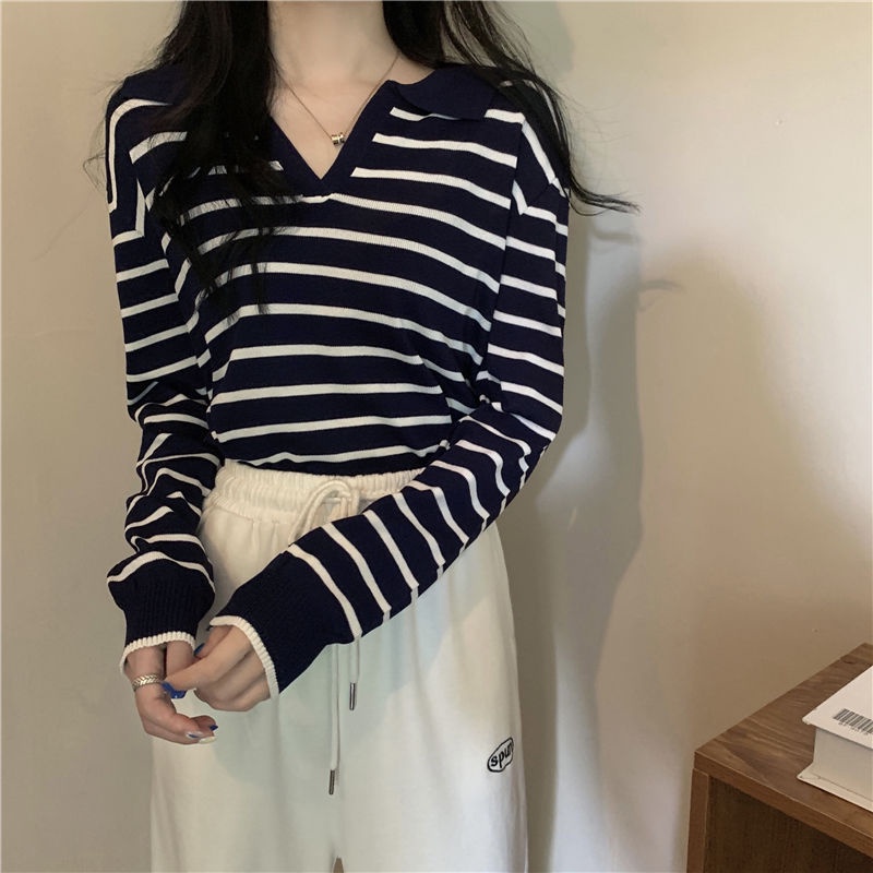 Áo thun COZOK dệt kim tay dài cổ Polo họa tiết kẻ sọc phong cách Hàn Quốc
