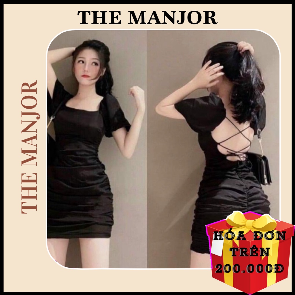 Váy Body Màu Đen 🌸 Đầm Dự Tiệc Hở Lưng Chất Lụa CÓ MÚT NGỰC Tay Phồng Cổ Vuông - Dây Đan Chéo Lưng Sexy  🔥By steven.fact | BigBuy360 - bigbuy360.vn