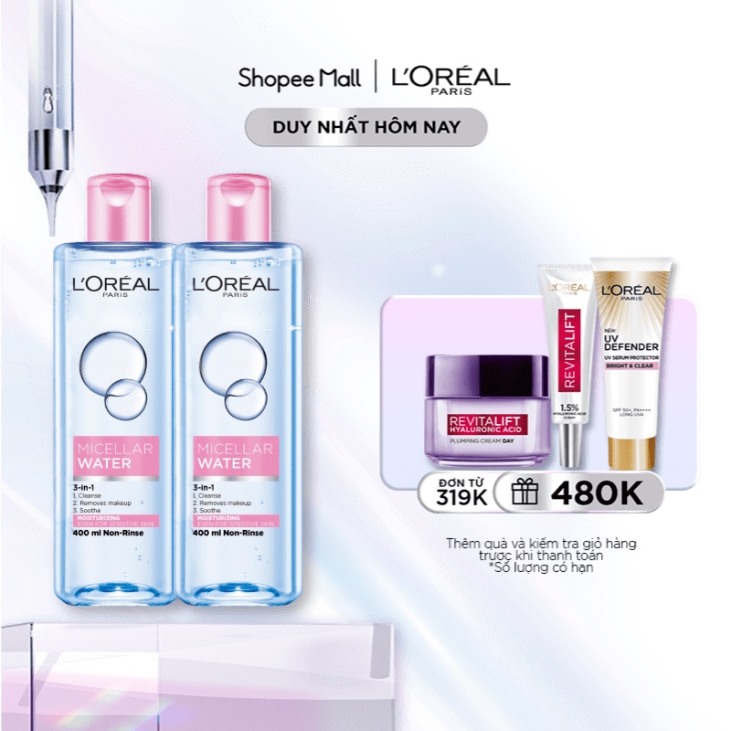 Bộ 2 nước tẩy trang dưỡng ẩm mượt da 3in1 L'Oreal Paris Micellar Water