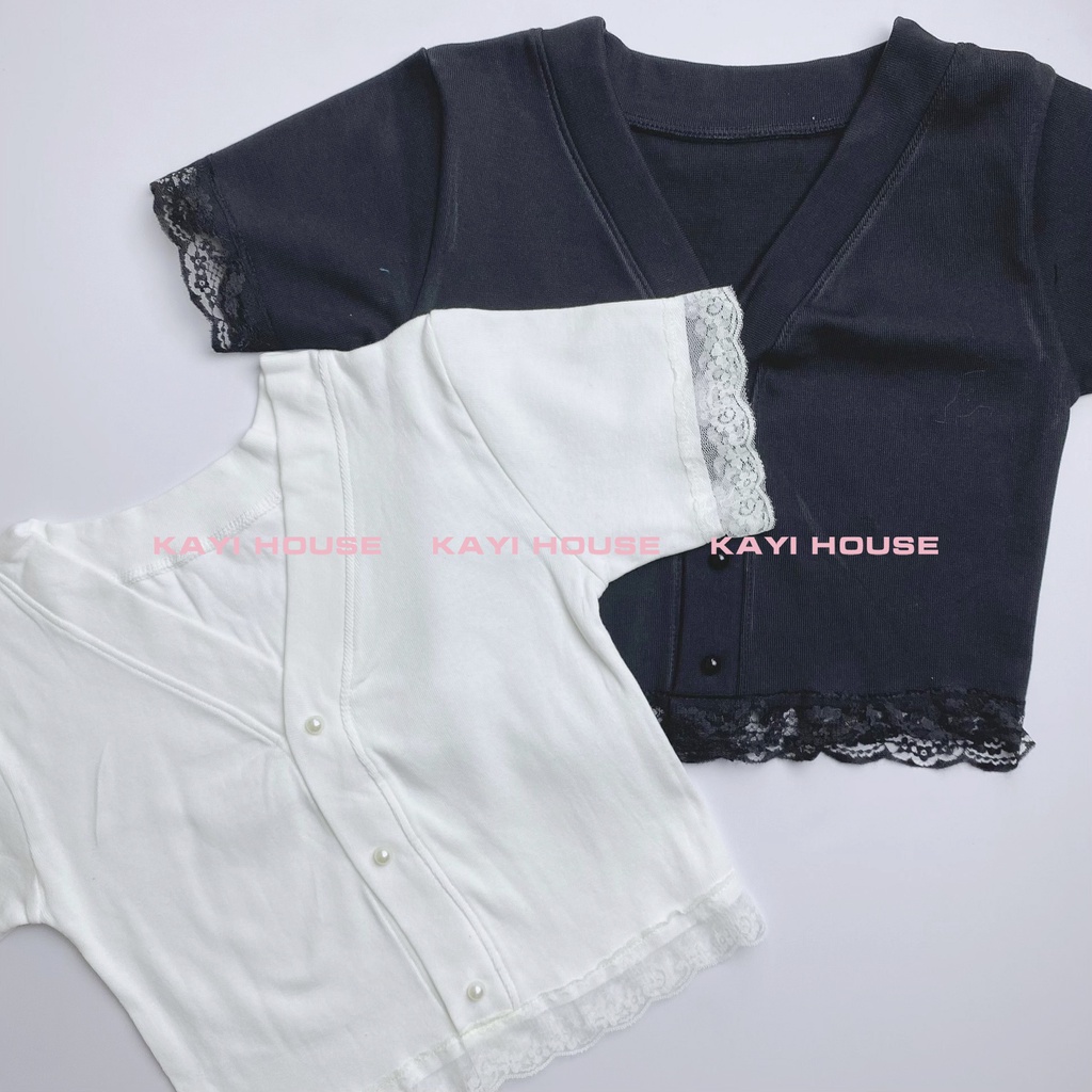 Áo Croptop Viền Ren Tay Ngắn KAYI HOUSE, Cổ V Đính Cúc Ngọc TOP 1 - A004