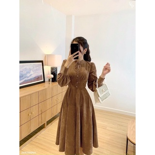 ĐẦM MIDI CỔ TÀU THẮT NƠ PHỐI NÚT [kèm ảnh thật ]