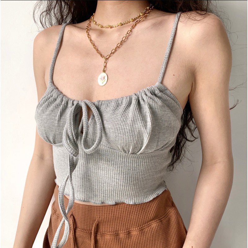 Áo Croptop Hai Dây Cột Dây Phong Cách Âu Mỹ Gợi Cảm Cho Nữ