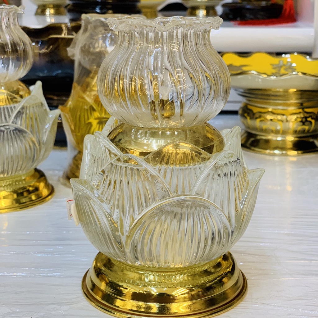 Đèn dầu hoa sen pha lê ĐẠI PHÁT, Mẫu mới sang trọng có hai màu vàng trắng chân đồng
