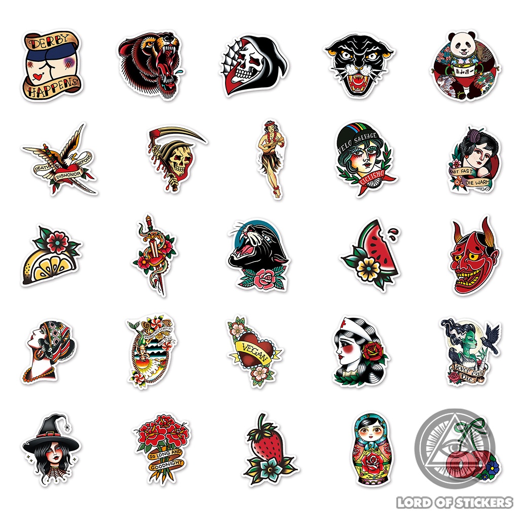Set 50 Hình Dán Tattoo Vintage Sticker Họa Tiết Xăm Phong Cách Cổ Điển Chống Thấm Nước Trang Trí Mũ Bảo Hiểm, Laptop, Xe