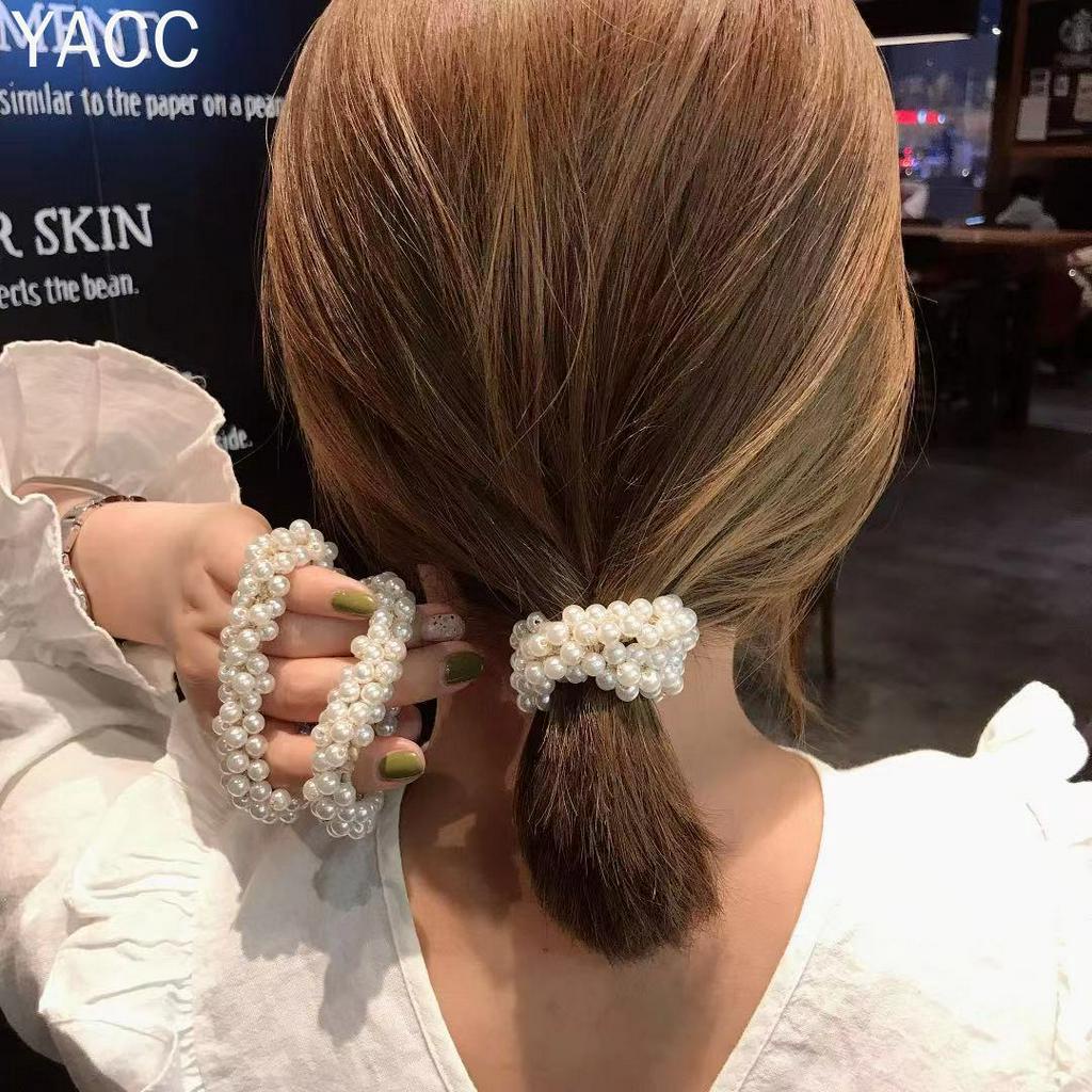 Dây cột tóc cao su co giãn đính ngọc trai phong cách Hàn Quốc