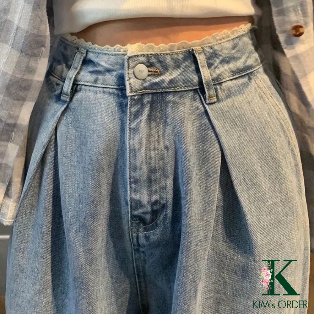 Quần jean nữ ống suông phối cạp ren lưng cao dáng rộng màu xanh nhạt đủ size phong cách Ulzzang Hàn Quốc chất co dãn đẹp