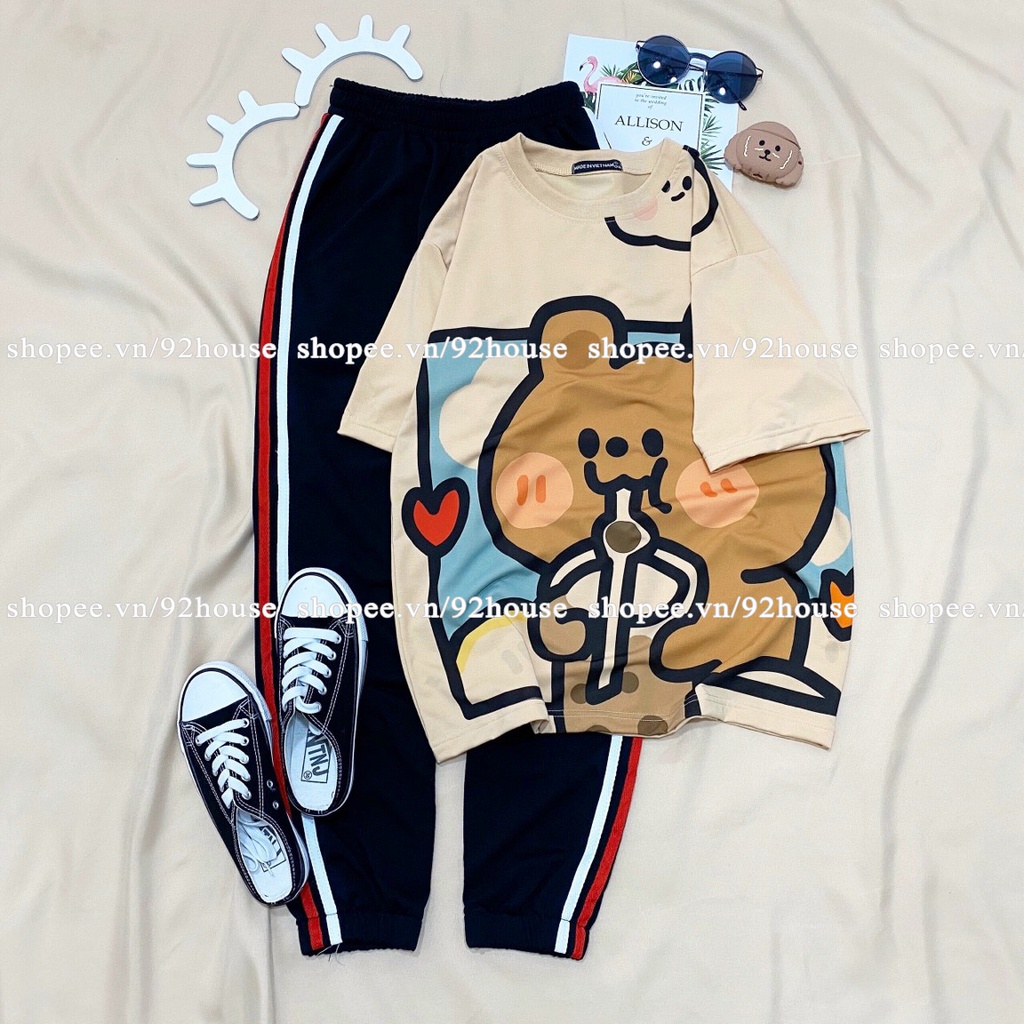 Đồ bộ hoạt hình quần jogger hai sọc gấu nâu dành cho nam nữ