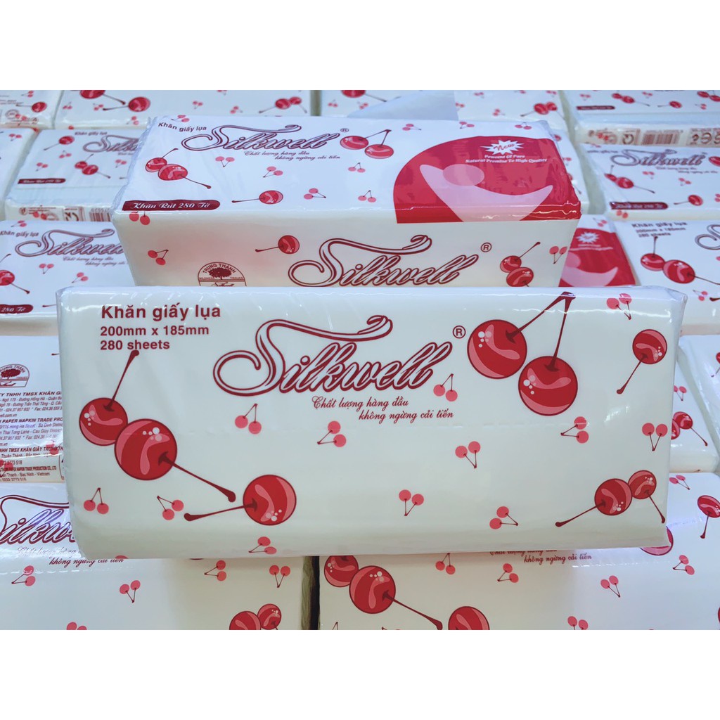 giấy ăn silkwell cherry chính hãng, khăn giấy rút silkwell 280 tờ mềm mịn kho sỉ mb