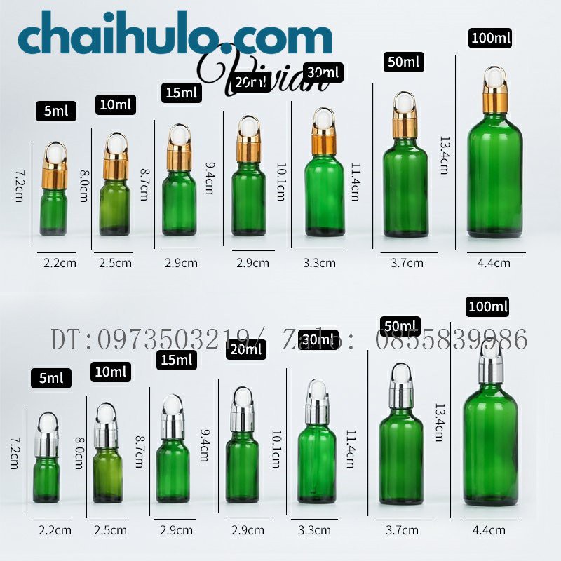 50ml - Chai lọ đựng serum, tinh dầu, mỹ phẩm, thân thủy tinh xanh lá, nắp bóp khoét