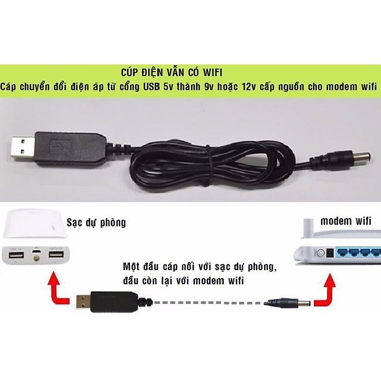 Cáp Tăng Áp USB 5V sang 12V cỡ 5,5x2,1mm (có thể cắm vào sạc dự phòng cấp cho modem mạng, wifi, camera khi mất điện)