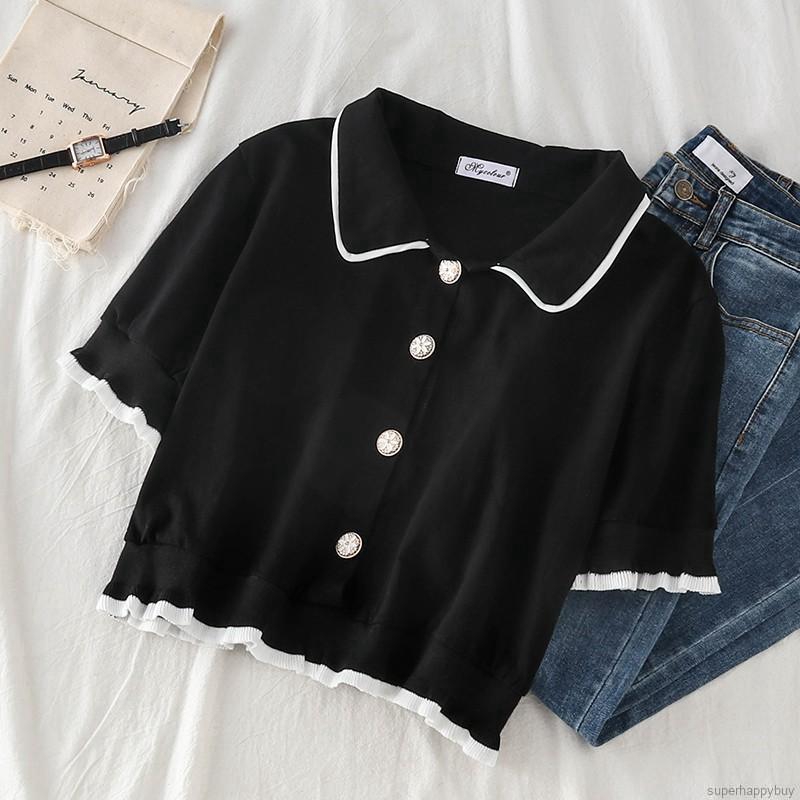 Áo thun tay ngắn có cổ bèo ngọt ngào thời trang cho nữ