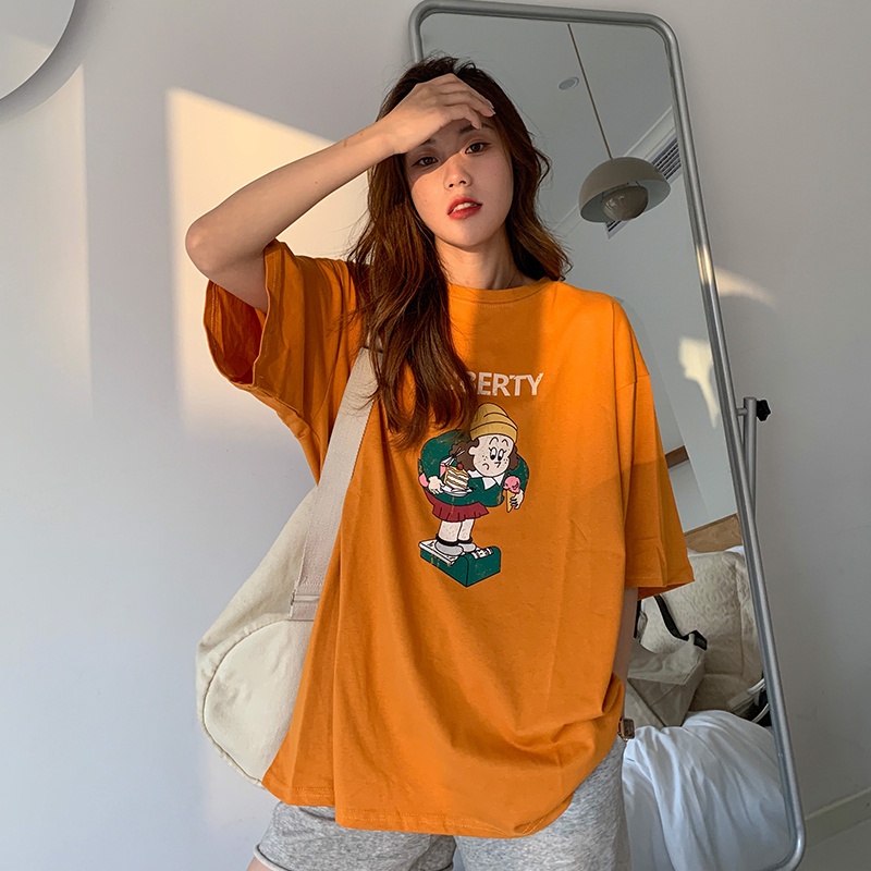 Áo Thun Tay Ngắn Cổ Tròn In Họa Tiết Hoạt Hình Phong Cách Hàn Quốc