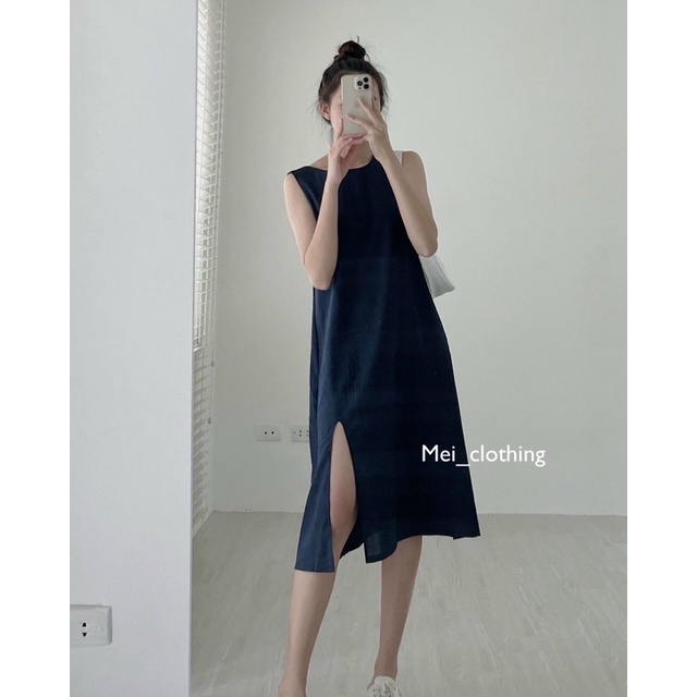 Váy đũi suông sát nách XẺ CHÂN nhiều màu, đầm suông ba lỗ