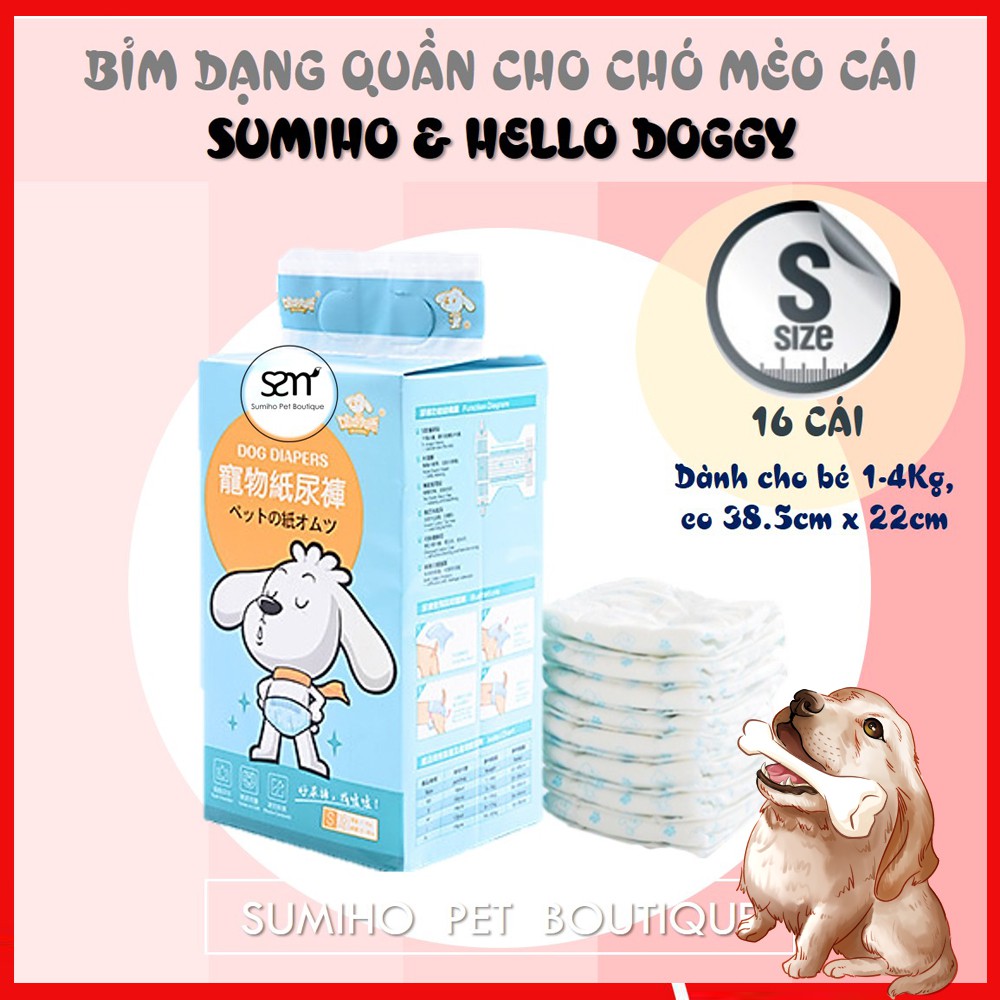 Bỉm dạng quần cho chó mèo cái Sumiho size S (16 cái) dành cho chó 1-4Kg, eo 38.5cm x 22cm