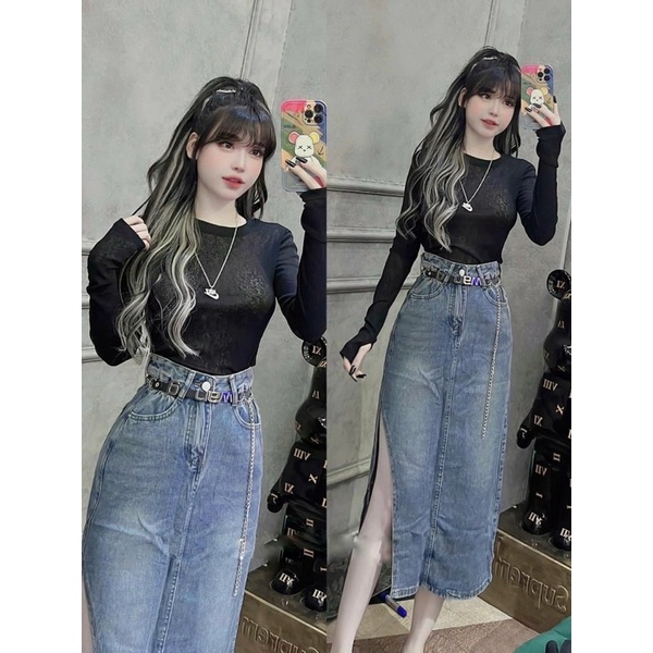 Chân Váy jeans Xẻ Dáng Dài Kèm Đai 333