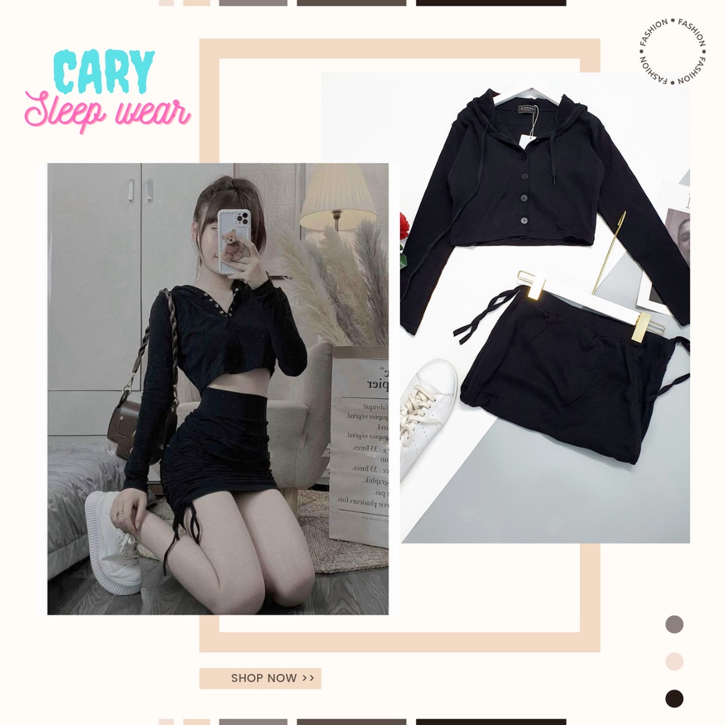 Set áo croptop mix chân váy body rút dây CARY
