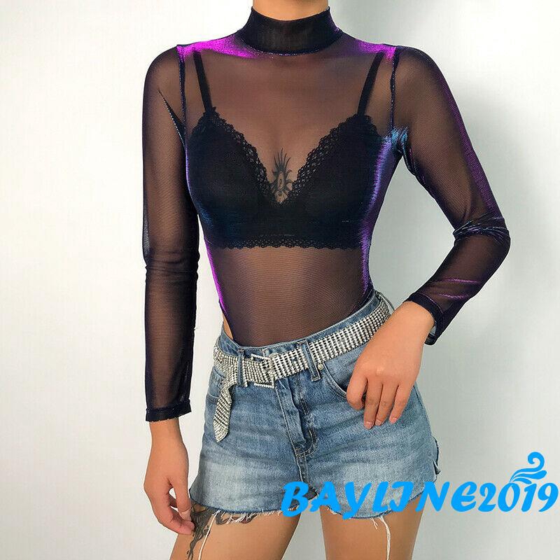 Bodysuit lưới tay dài xuyên thấu gợi cảm cho nữ