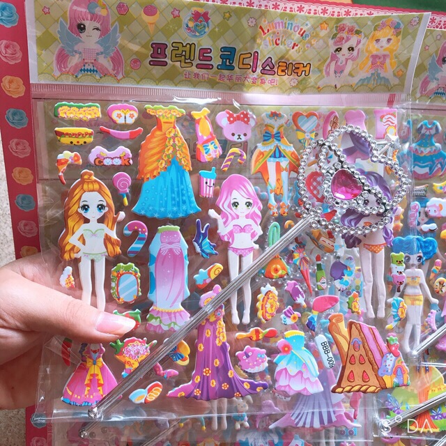 Sỉ vỉ dán sticker nổi kèm gậy phép thuật công chúa ( vỉ 12 bộ)