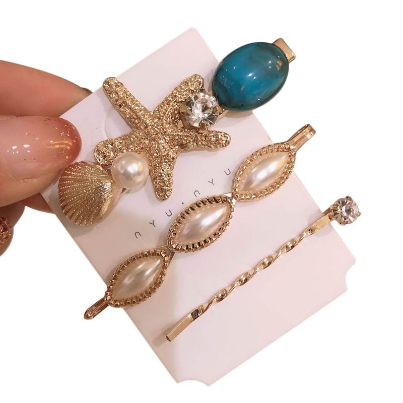 Set 3 Kẹp Tóc Kim Loại Hình Sao Biển Đính Ngọc Trai Nhân Tạo Thời Trang