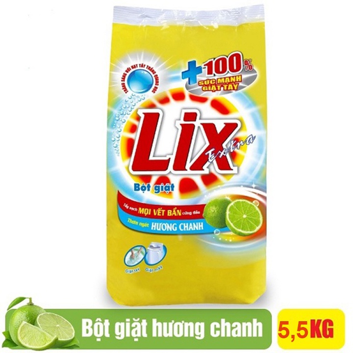 Bột giặt Lix Extra hương chanh 5,5Kg - Tẩy sạch vết bẩn cực mạnh