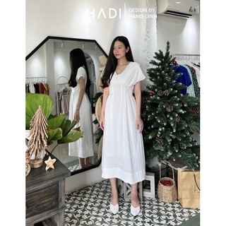 Đầm cổ V dáng middi chít eo tay cánh dơi ngắn - Tường
