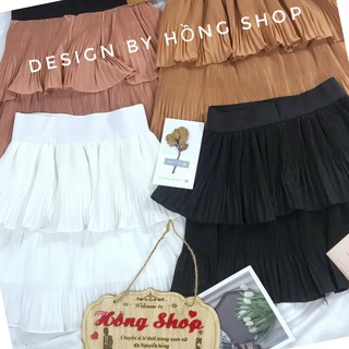 Chân váy ngắn xếp ly ulzzang 2 tầng cạp chun lưng cao vintage dáng xòe cá tính có lớp lót lưới màu Trắng/Đen/Nâu/Hồng
