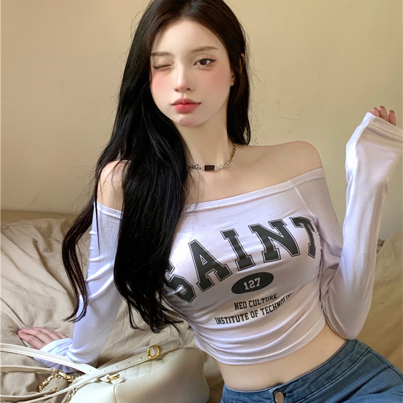 Áo Thun Tay Dài Trễ Vai In Chữ Thời Trang Dành Cho Nữ