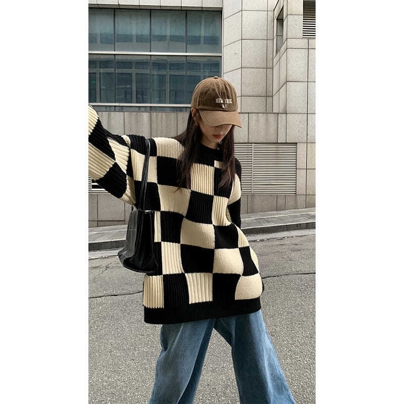 Áo len dài tay họa tiết ca rô thời trang dành cho nữ
