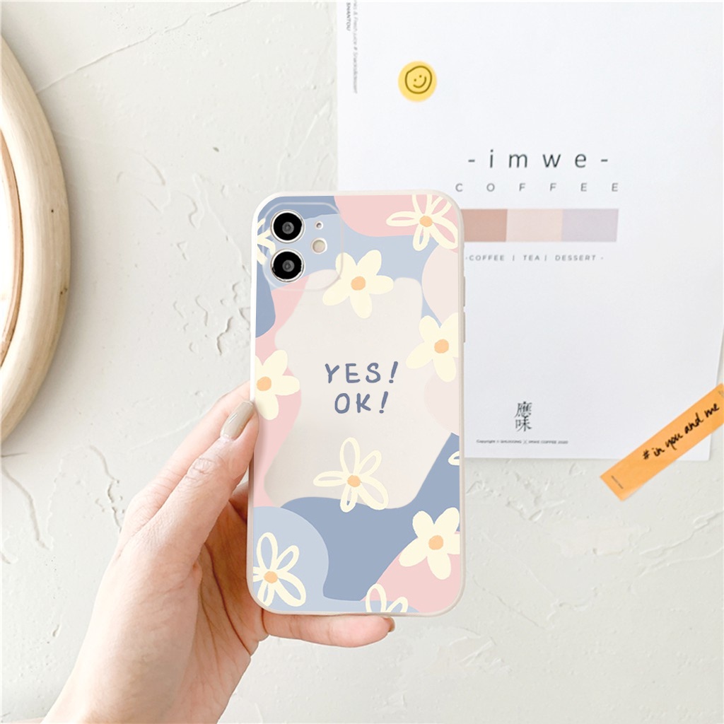 Ốp lưng iphone cạnh vuông họa tiết hoa kèm chữ Yes và No dành cho iphone 6/6s đến iphone 13promax-e160