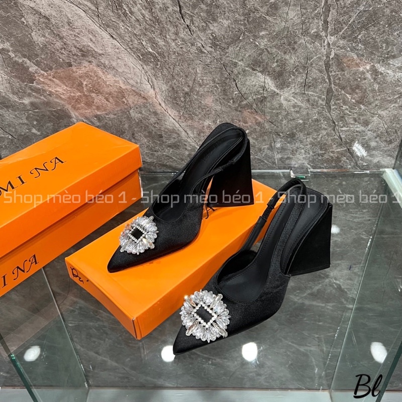 Sandal mũi nhọn mặt đá gót trụ loe fullbox hàng quảng châu cao cấp