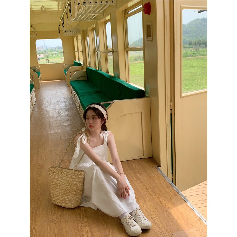 Váy maxi hai dây buộc nơ vai, đầm babydoll đi biển hai dây ulzzang Hàn Quốc - V26FG