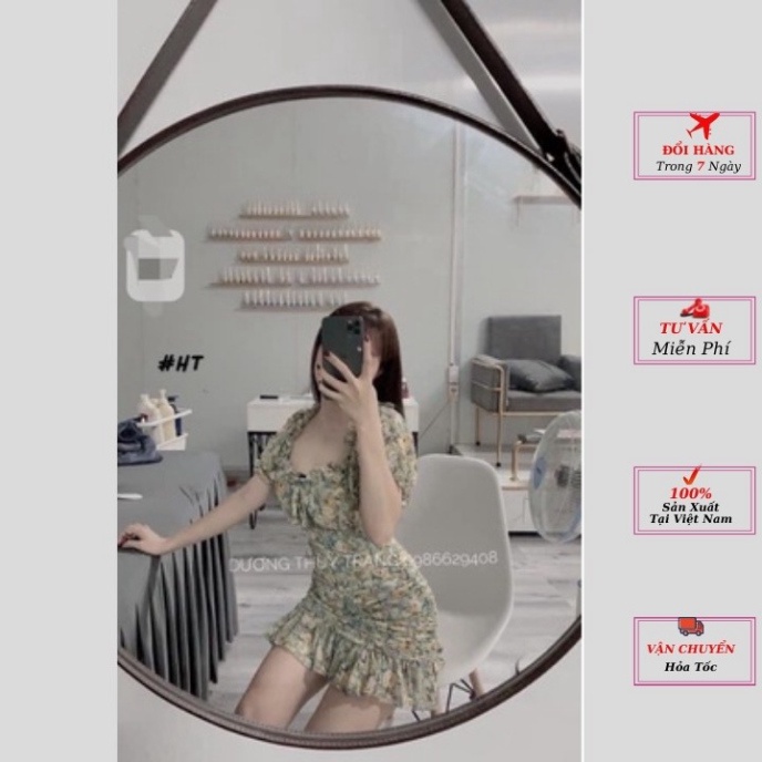 Váy voan hoa nhí hai lớp nhúm cổ vuông tay phồng có lót ngực màu xanh hàng cao cấp phong cách thời trang YoLo-Fashion -