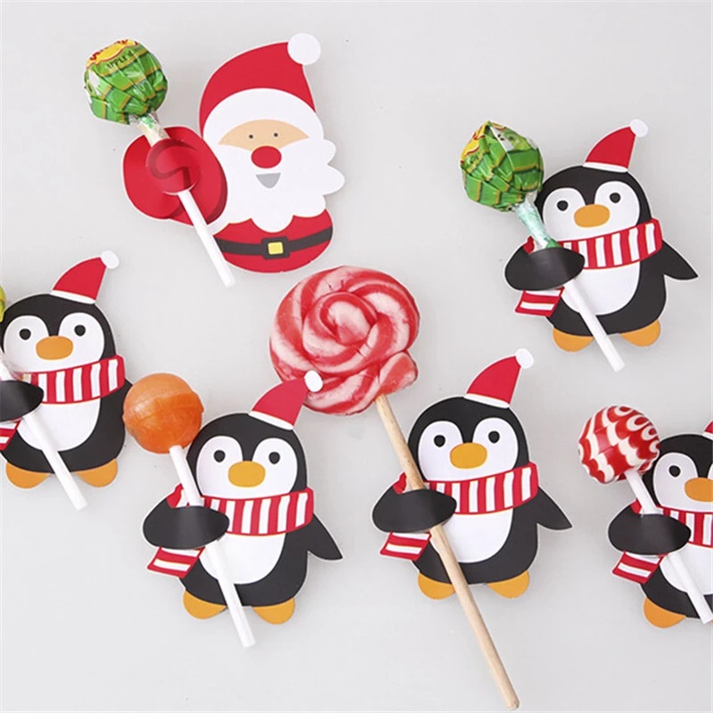 Set 25 thẻ kẹo mút hoạt hình ông già Noel/người tuyết/chim cánh cụt dễ thương gói quà giáng sinh