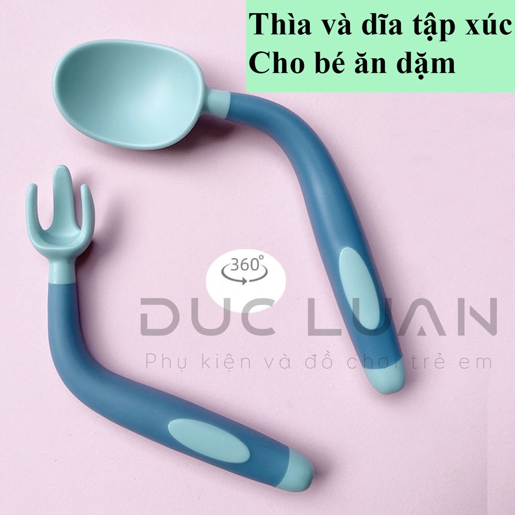 Thìa nĩa cho bé tập ăn xoay 360 độ - Bộ thìa dĩa tay cầm uốn cong cho bé tập xúc ăn dặm