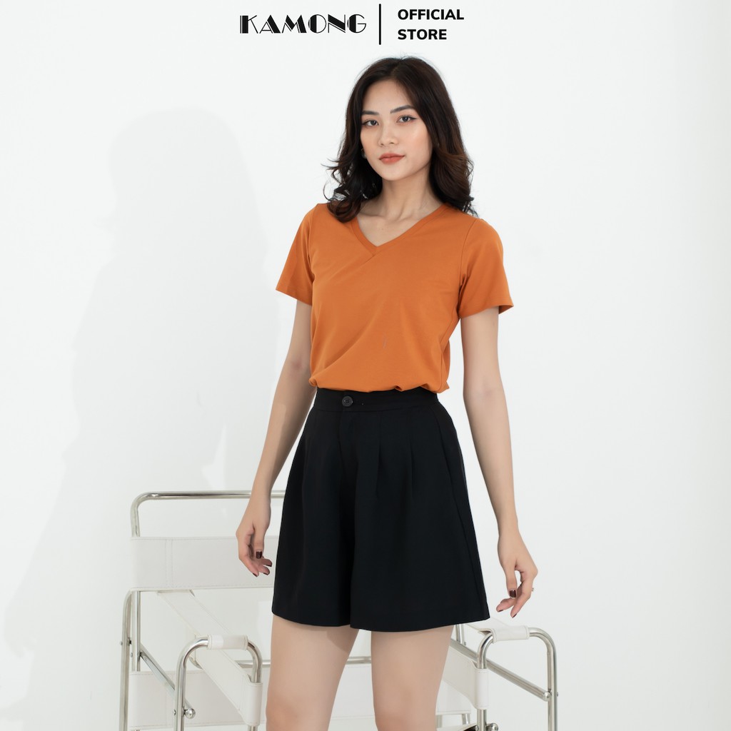 Áo thun nữ cổ tim tay ngắn KAMONG vải cotton 100% cao cấp