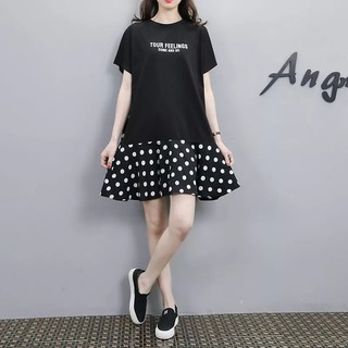 Đầm dạo phố áo giả váy dáng suông hơi xòe phối đuôi cá chấm bi tay ngắn bèo