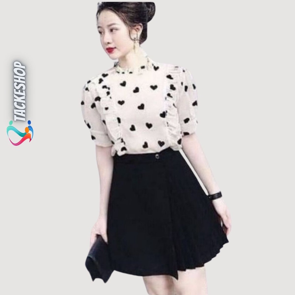 Áo sơ mi kiểu công sở voan lụa tay bèo họa tiết hình tim cực xinh