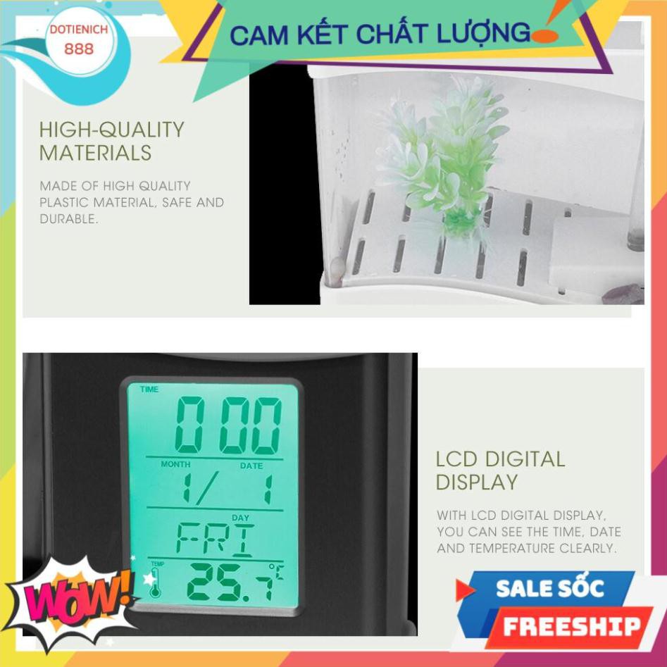 [SALE] Bể cá cảnh mini ,Bể cá để bàn có đồng hồ tặng kèm đá và cây trang trí có đèn Led ( màu đen) -giadung888