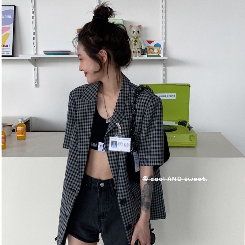 Áo Khoác Sơ Mi Tay Ngắn Họa Tiết Sọc Caro Phong Cách Retro Thời Trang Mùa Hè Cho Nữ