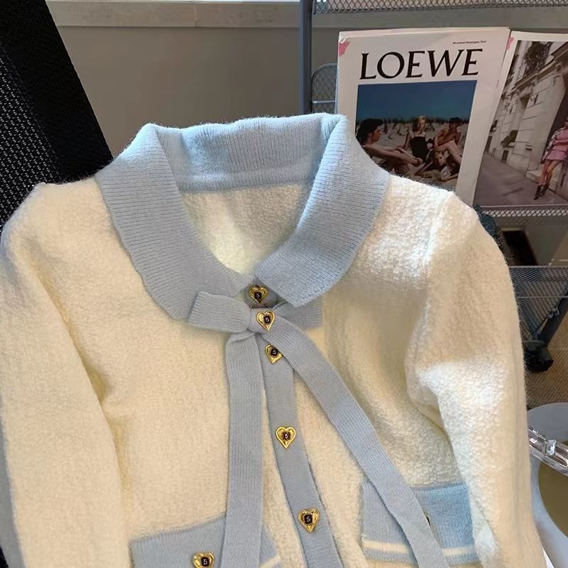 Xiaoxiangfeng Áo Khoác Cardigan Dệt Kim Tay Dài Thắt Nơ Phối Ren Phong Cách Phương Tây Thời Trang Mùa Thu Mới Dành Cho