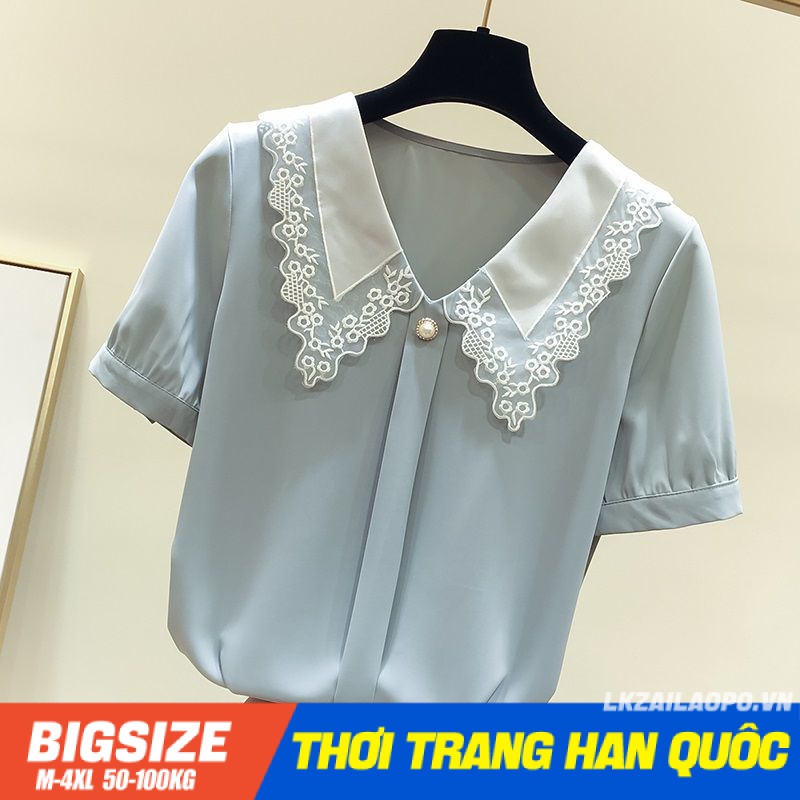 Áo sơ mi Bigsize Áo kiểu nữ form rộng tay ngắn cổ bèo mùa hè Phong cách Hàn Quốc Thời Trang tiểu thư cá tính xinh đẹp cho người mập béo