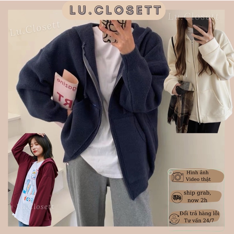 Khoác nỉ len ulzzang, hoodie kéo khoá trơn nam nữ form rộng unisex Hàn Quốc 3 màu lu.closett