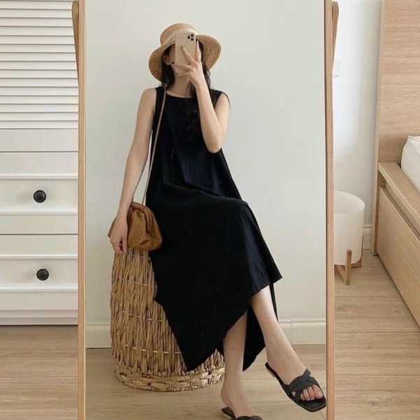 Váy maxi xuông đũi trơn sát nách 3 màu - Đầm suông dáng rộng đũi mát dạo phố ảnh thật