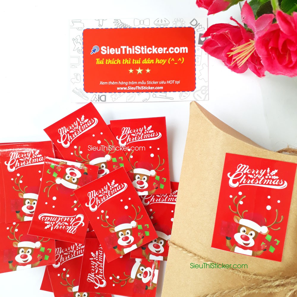 Tem giấy tuần lộc dán hộp quà Giáng sinh Noel hai màu Xanh lá/Đỏ MCTL02 trang trí dịp giáng sinh, niêm phong hộp quà