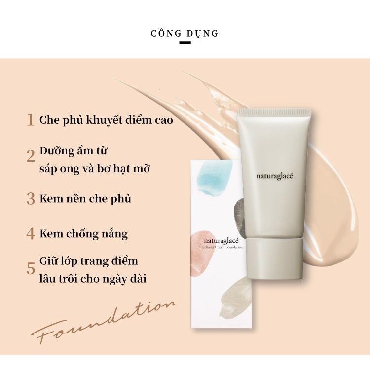 Kem nền hữu cơ naturaglacé Emollient Cream Foundation, chống nắng SPF39 PA+++, có 4 màu tùy chọn, 30g