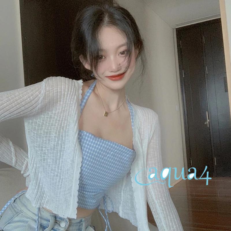 Áo Croptop Cổ Yếm Họa Tiết Kẻ Sọc Màu Xanh Dương Nhạt Phối Dây Rút Thời Trang Mùa Hè Cho Nữ