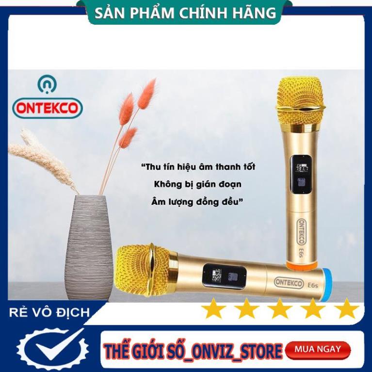 Bộ 02 Micro không dây karaoke ONTEK E6s gold bản cao cấp Chuyên Dành Cho Mọi Loa Kéo, Âm Ly, Tần Số 50, Hát Nhẹ Êm